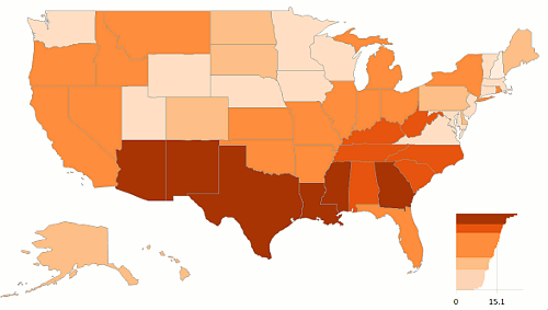 Thematic map us states poverty percentage around national average