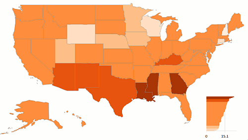 Thematic map us states poverty percentage emphasis
