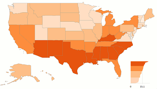 Thematic map us states poverty percentage positive negative