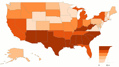 Thematic map us states poverty percentage same number of states